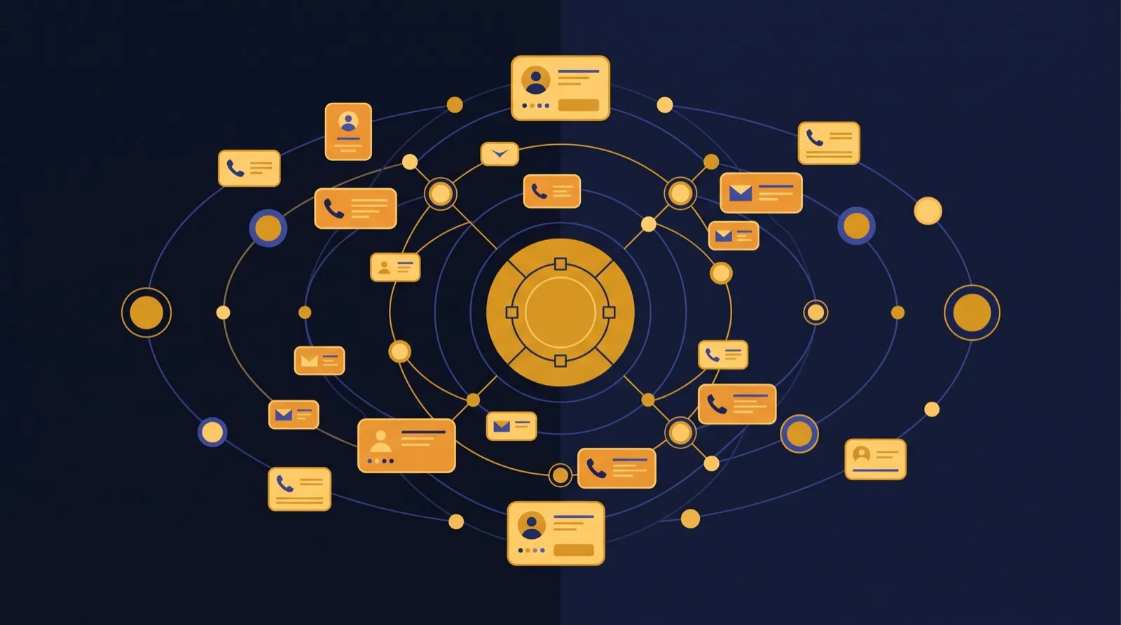 Abstrakte Illustration eines vernetzten Kontakt-Datenbank-Systems mit zentralem Knoten und umliegenden Kontaktkarten