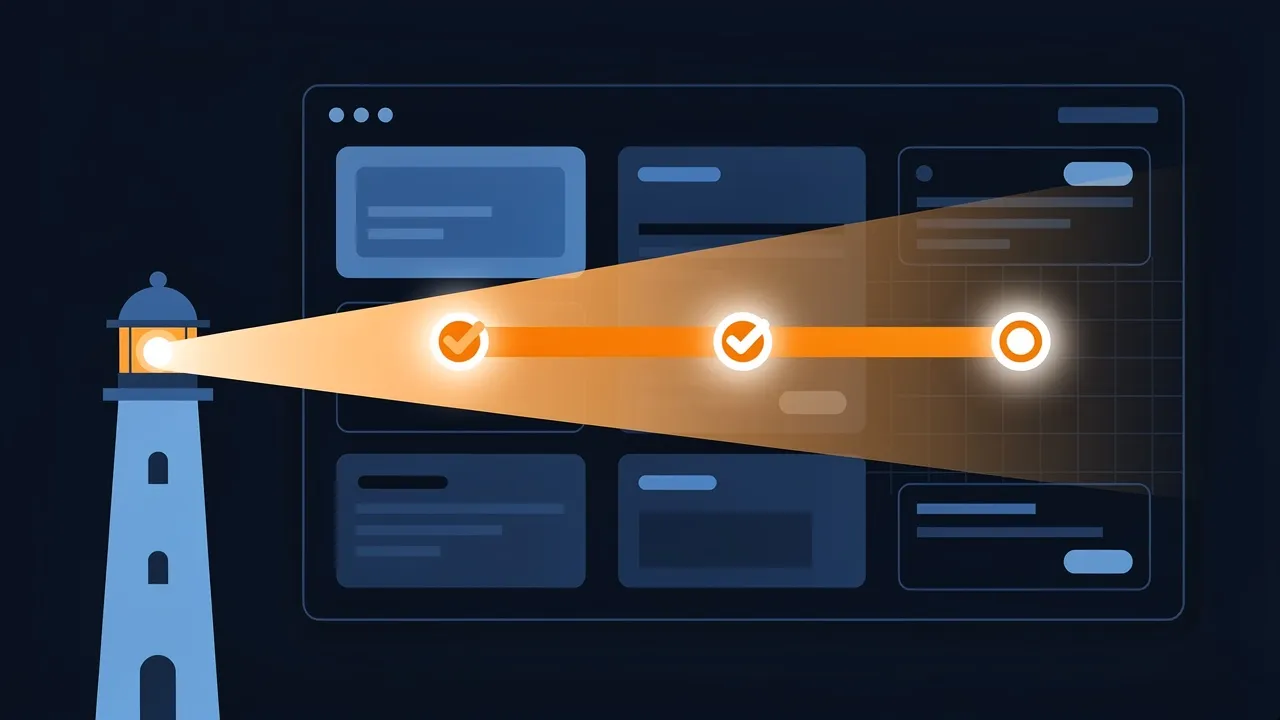 Abstrakte Illustration eines Leuchtturms, dessen Lichtkegel über drei markierte Checkpoints auf einem UI-Dashboard streicht, als Symbol für drei gefundene Fehler in einem Lighthouse-Audit