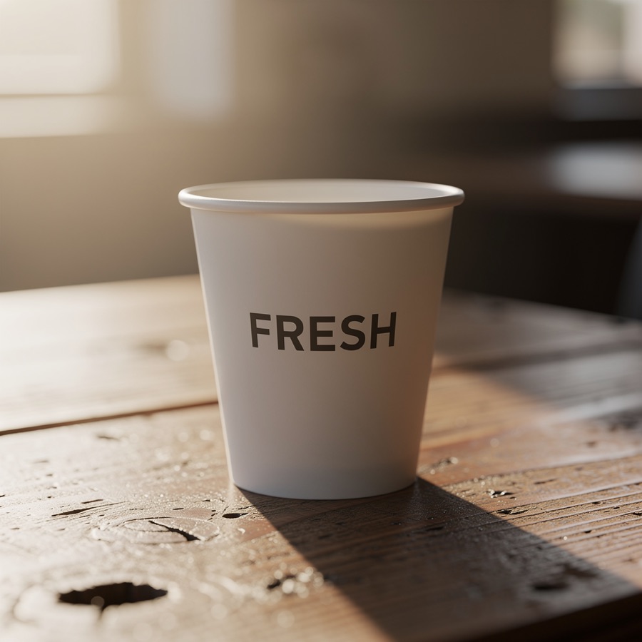 Von Flux 2 generiertes Foto eines Kaffeebechers mit der Aufschrift FRESH