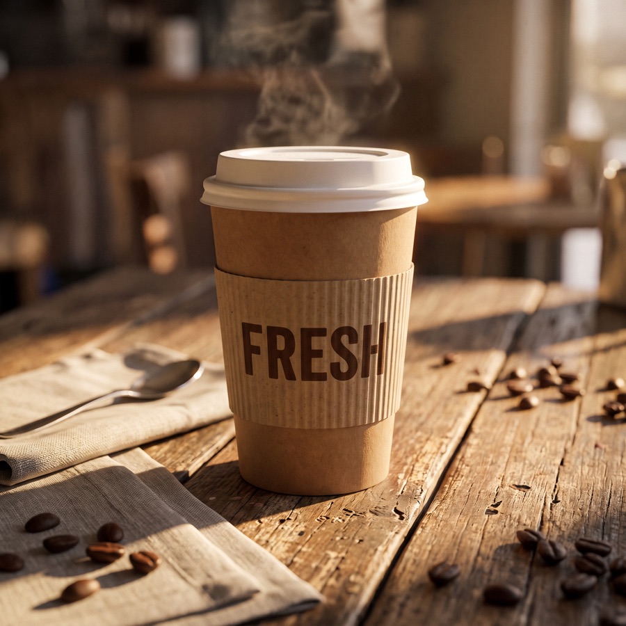 Von Nano Banana 2 generiertes Foto eines Kaffeebechers mit der Aufschrift FRESH