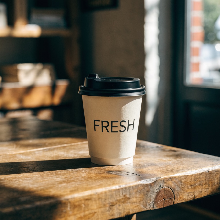 Von Recraft generiertes Foto eines Kaffeebechers mit der Aufschrift FRESH