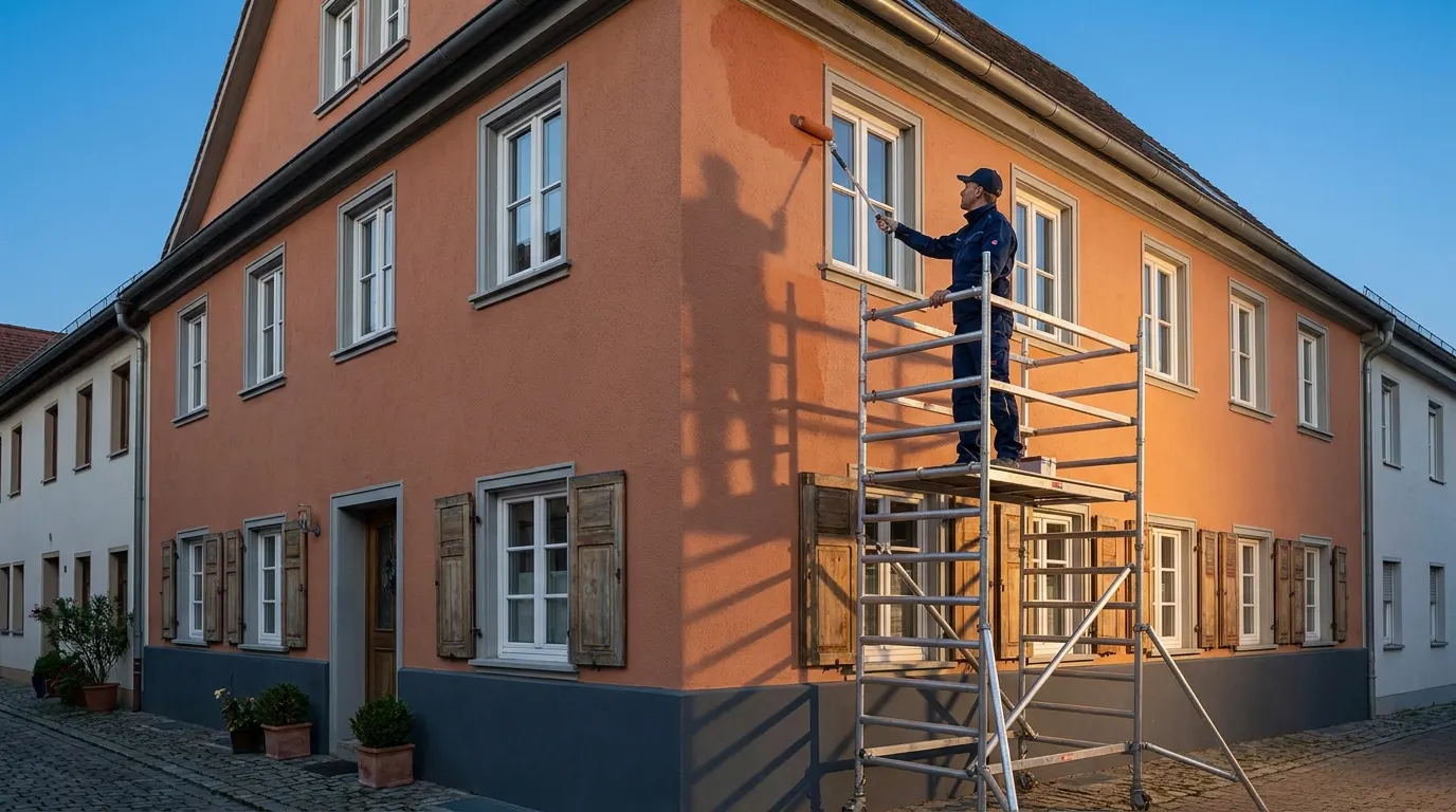 Maler auf einem Rollgerüst streicht die Fassade eines Altbaus in warmem Terrakotta